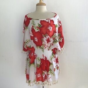 Sun Carl hibiscus print with tassel braided edged swim coverup size L/XL